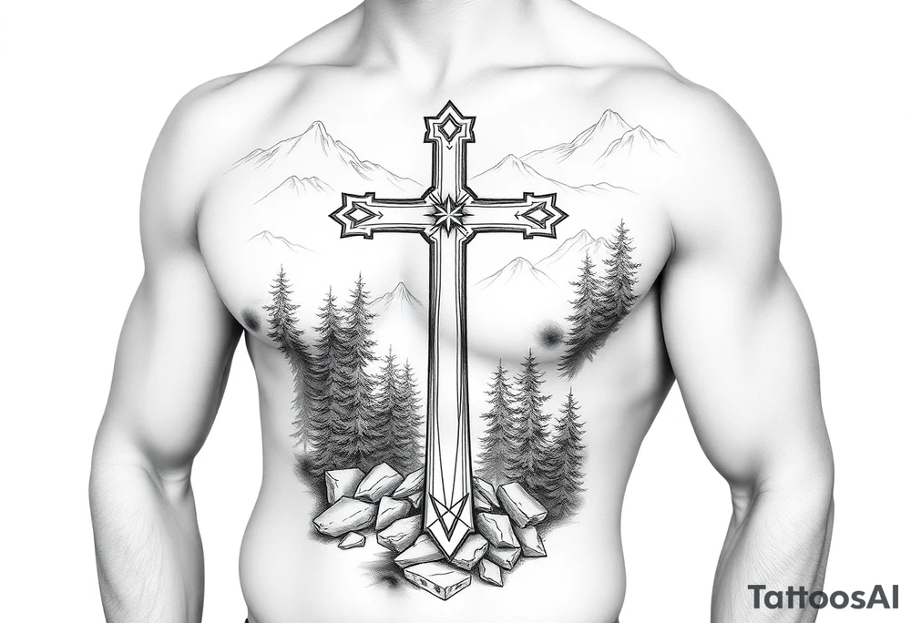 russian orthodox cross in a light forrest mountainous setting tattoo idea