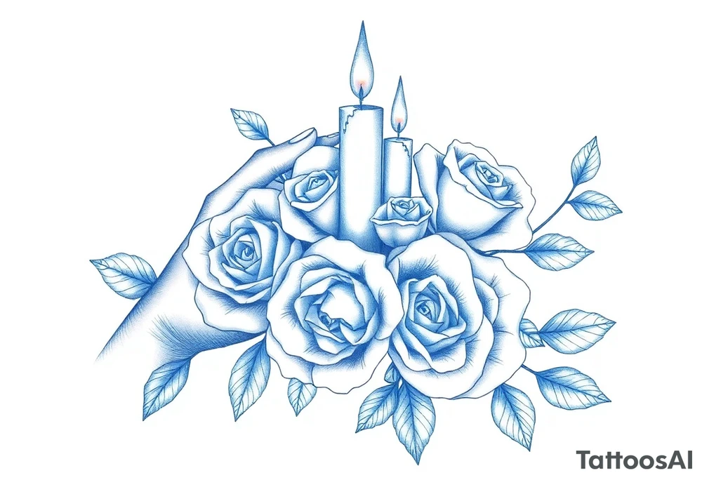 Two hands, roses, two candles, blue tattoo idea