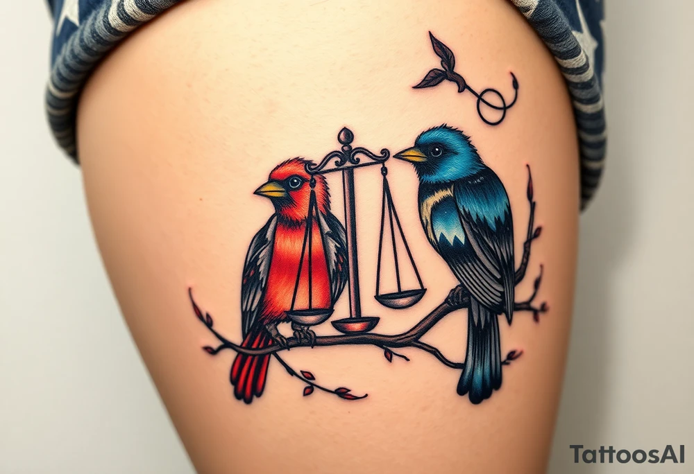 2 birds as the focus, 1 red bird in a suit, 1 navy blue bird with glasses, scales of justice in a tree, starry night painting and mountain background tattoo idea