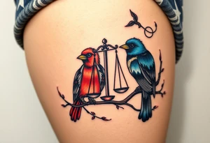2 birds as the focus, 1 red bird in a suit, 1 navy blue bird with glasses, scales of justice in a tree, starry night painting and mountain background tattoo idea