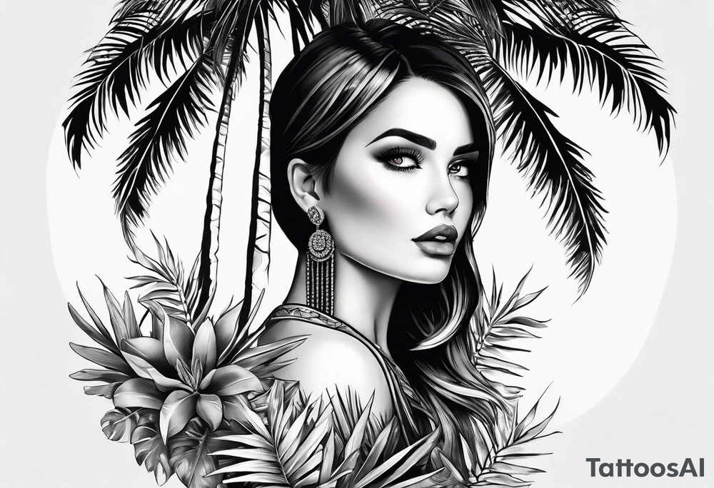 Juniper and palm tree sleeve. Female tattoo idea