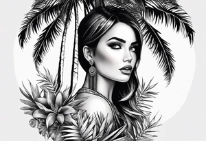 Juniper and palm tree sleeve. Female tattoo idea