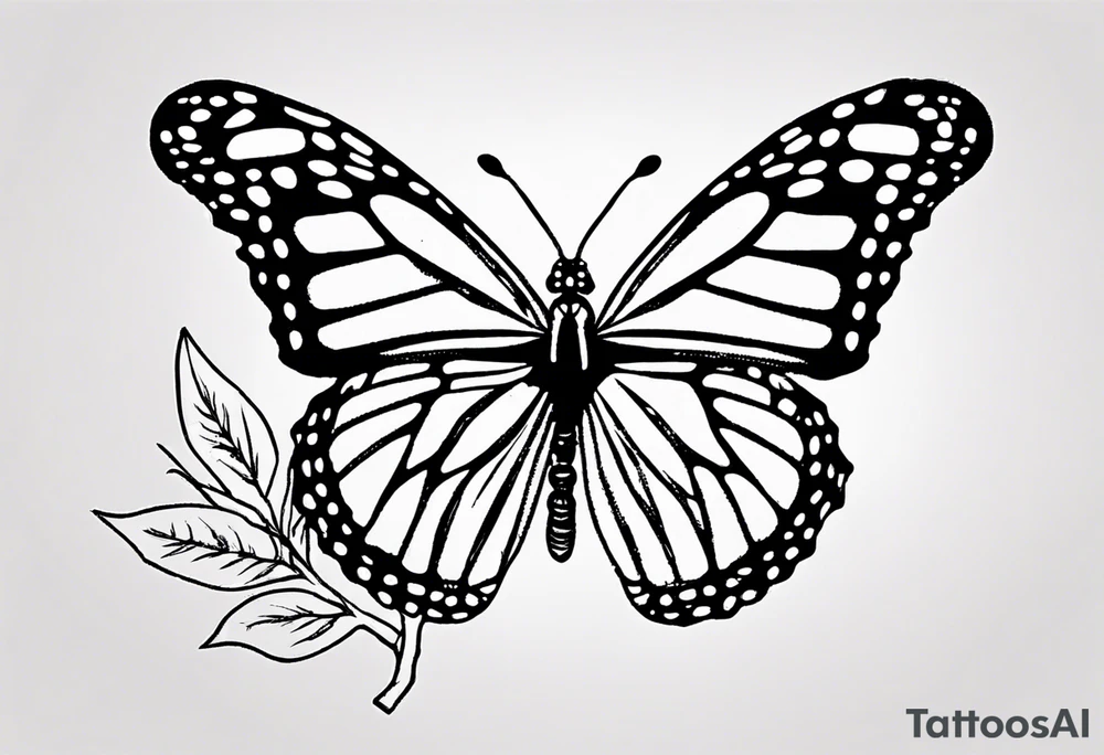 realistic monarch butterfly simple black outline landed on a twig tattoo idea