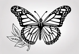 realistic monarch butterfly simple black outline landed on a twig tattoo idea
