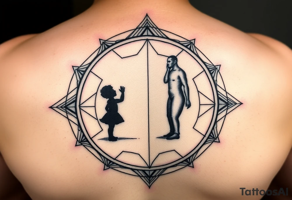 Geometric mirror portal tattoo, Art Deco frame mixed with sacred geometry, dual reflection showing silhouette of small child reaching upward on one side and strong adult figure on opposite side, abstract representation using shapes and shadows - child side has curved soft lines, adult side has sharp angular lines, dotwork and linework combination, black and grey, vertical design for upper arm tattoo idea