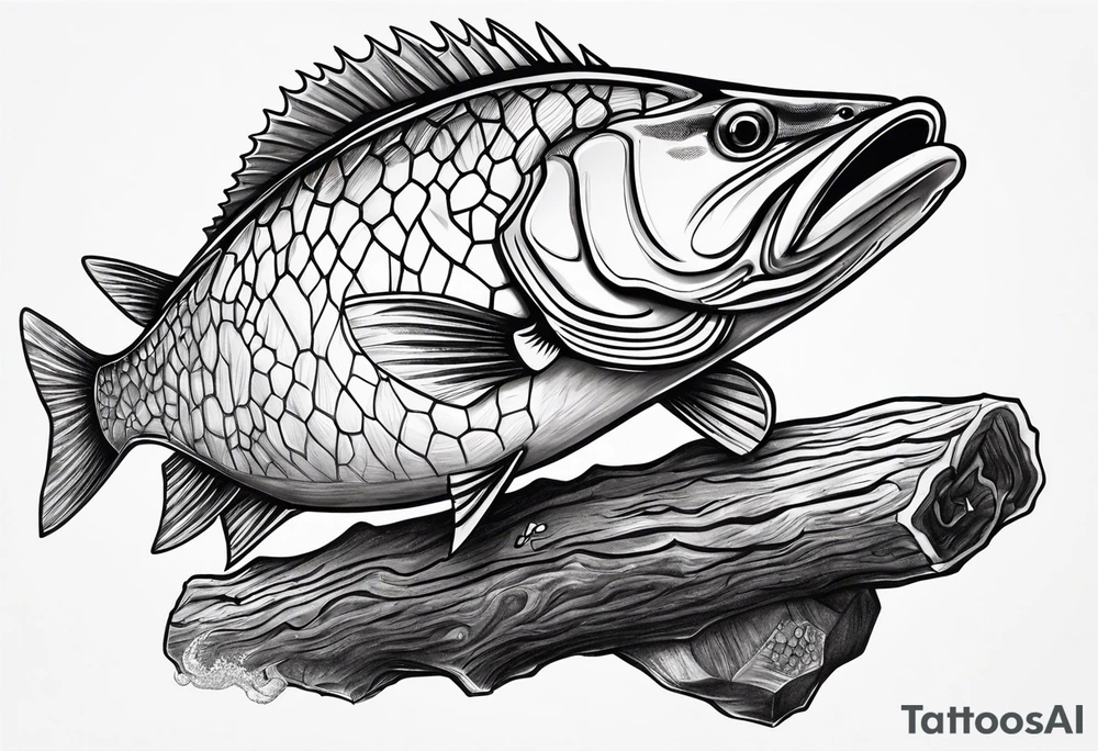 Mulloway eating a soccer ball on a log tattoo idea