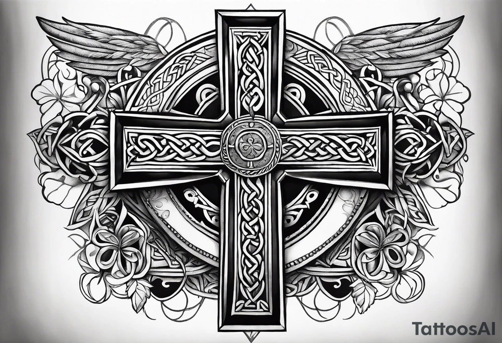 Celtic cross, shamrock in center, one Indian feather hanging from each side arm of cross tattoo idea