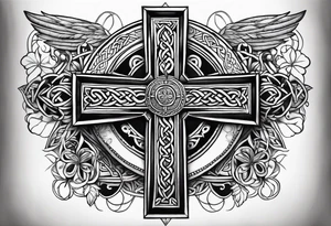 Celtic cross, shamrock in center, one Indian feather hanging from each side arm of cross tattoo idea