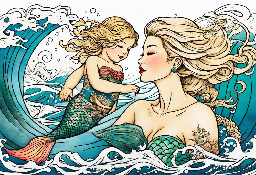 Blond mermaid and  son frolicking in the ocean tattoo idea