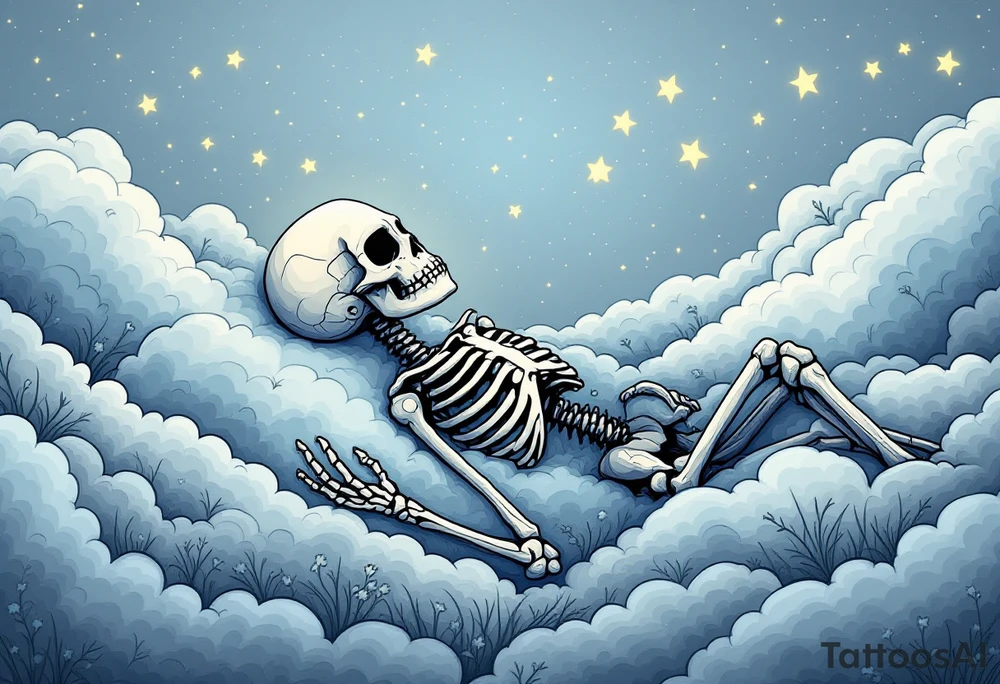 Tim Burton’s dreaming skeleton lies in a field of gray-blue clouds and faintly glowing stars. tattoo idea