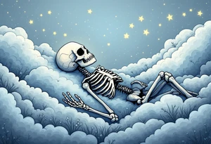 Tim Burton’s dreaming skeleton lies in a field of gray-blue clouds and faintly glowing stars. tattoo idea