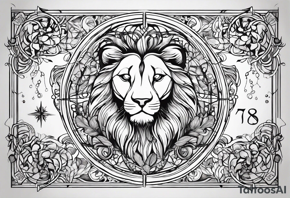 A tattoo in delicate style, so gentle. The zodiac sign, Leo. The sketch should include fire, something delicate like that, and the numbers 7 and 8. tattoo idea