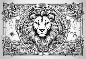 A tattoo in delicate style, so gentle. The zodiac sign, Leo. The sketch should include fire, something delicate like that, and the numbers 7 and 8. tattoo idea