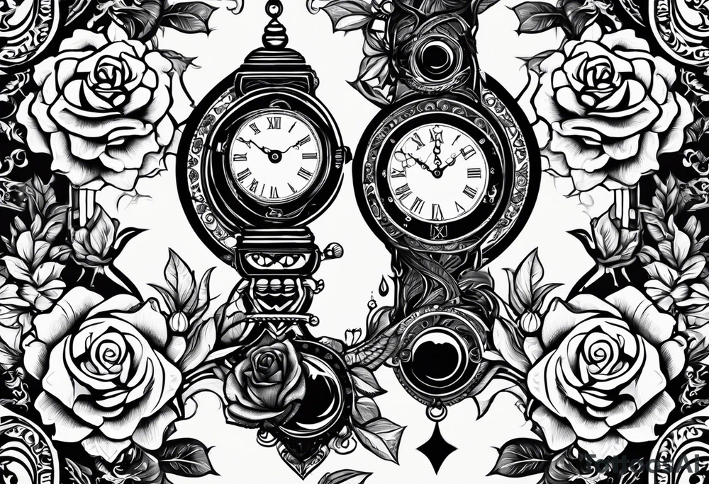 I want a design to print on t-shirts. The design is an hourglass with a wristwatch in the middle with Amazigh numbers, and this watch is surrounded by planets and Ashulk roses. tattoo idea