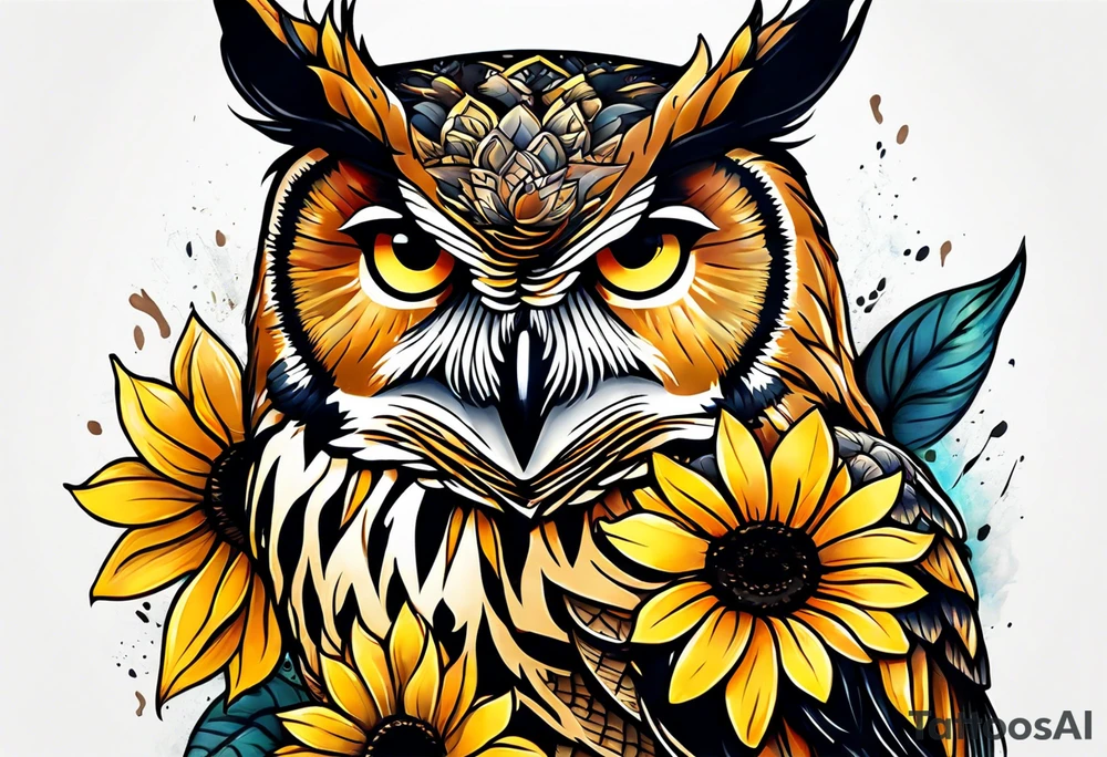 Owl with sunflowers leg sleeve tattoo idea