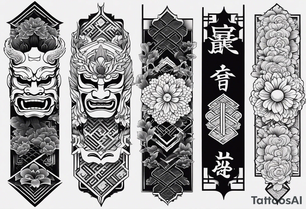 I want to combine japanese and ornamental styles. I want to have a full sleeve tattoo. i want a japanese oni mask in the top, japanese Chrysanthemum Flower in the bottom and fill the rest with ornamental tattoo tattoo idea