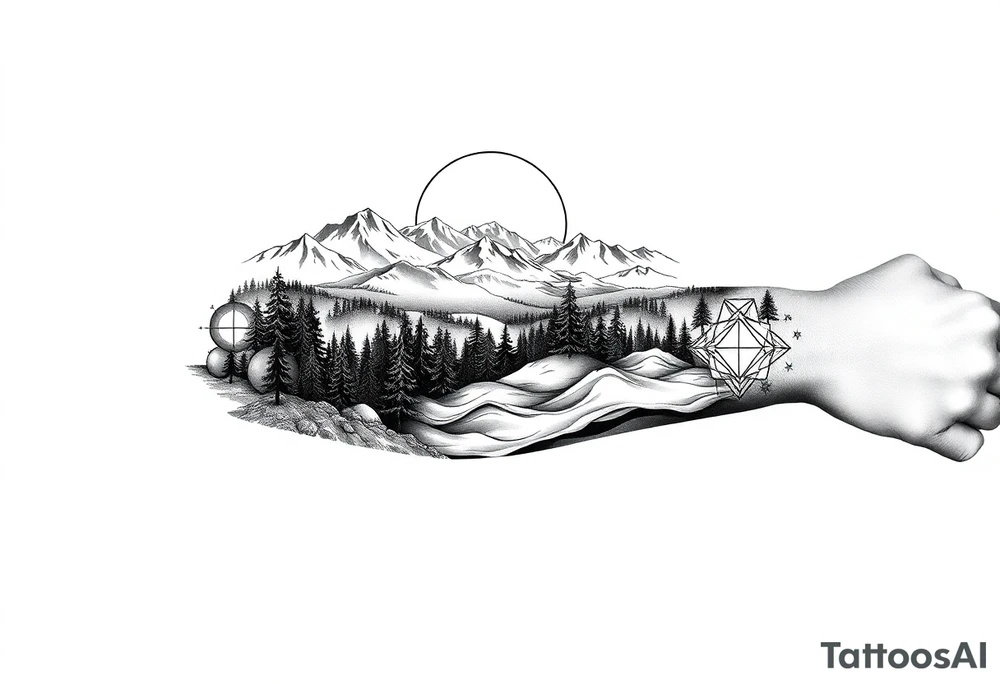 Tattoo stencil design, full sleeve. A journey through California: the top starts with a vibrant sunset over snowy peaks, transitioning down into a lush forest, then a stark desert, and ending at the wrist with ocean surf. The entire scene is viewed through a geometric lens, using "sacred geometry" patterns to divide the sections. Clean black and grey realism with sharp line work. No shading on the background, white background only. tattoo idea