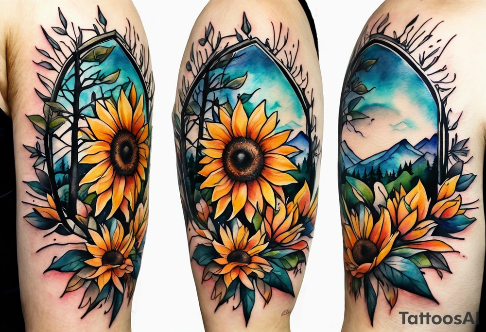 Small Watercolor inside arm tattoo, 4 inches. Black kite (Daya's name), nature (trees/flowers), rock/metal vibe (bold lines), sunflower. tattoo idea