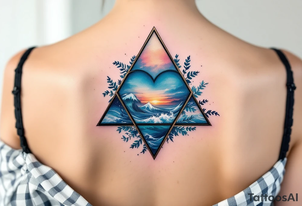 A triangle with a big heart in the center with an ocean travel theme tattoo idea