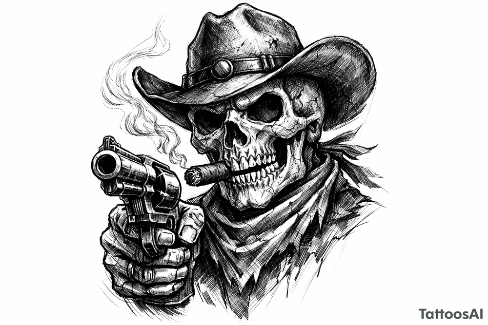 skull with cowboy-hat,a big cigar in his mouth and a gun in a hand. tattoo idea