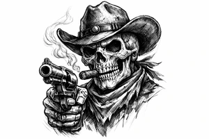 skull with cowboy-hat,a big cigar in his mouth and a gun in a hand. tattoo idea