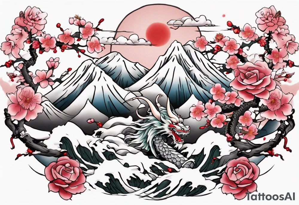 Japanese floral cherry blossom and snow mountains back ground filler for traditional Chinese dragon and great waves and rose and butterfly tattoo tattoo idea