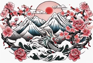 Japanese floral cherry blossom and snow mountains back ground filler for traditional Chinese dragon and great waves and rose and butterfly tattoo tattoo idea