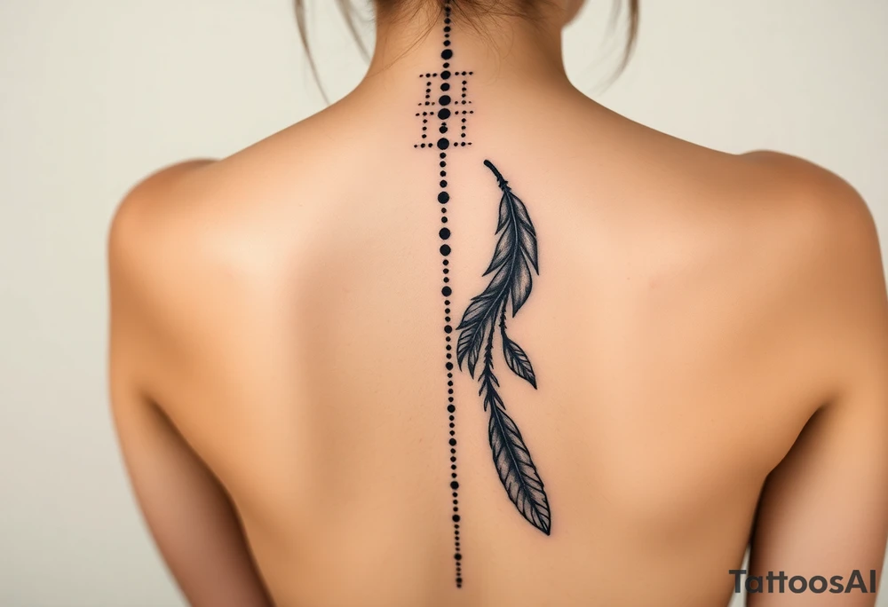Thin spinal tattoo following down the spine in a native style with flowing lines made of a discreet connection of morse code ".--- .- --.     .-.. ... -.- .- .-.   -.. .. --.     .-.. .. .-.. .-.. . -... .-. --- .-. connected to flowing feathers tattoo idea