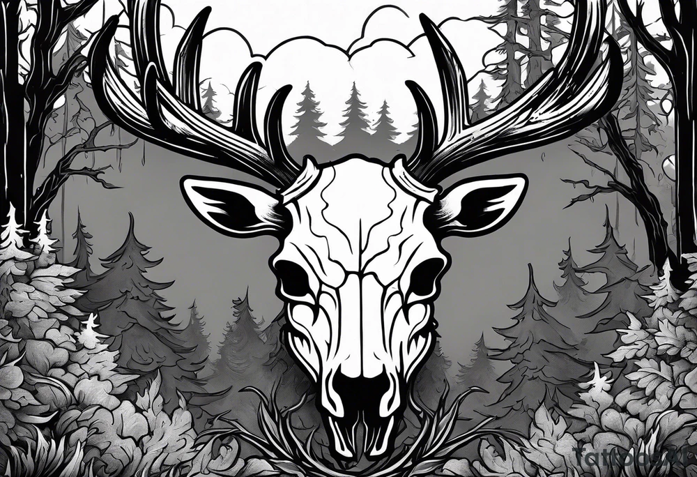 A side view of a frightening horror DECAYING deer skull JUST BONE surrounded by a forest fire in background tattoo idea