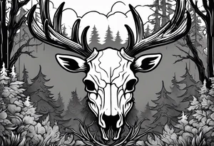 A side view of a frightening horror DECAYING deer skull JUST BONE surrounded by a forest fire in background tattoo idea