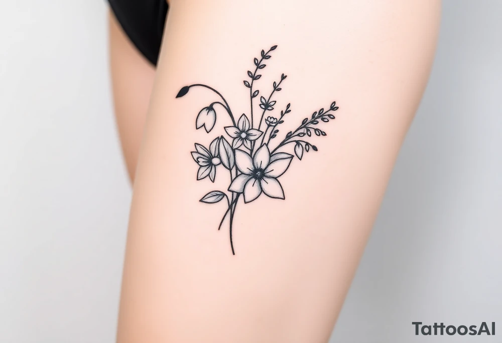 Simple small design in black bunch of flowers 1 lily of the valley 1 daffodil 1 holly 1 larkspur tattoo idea