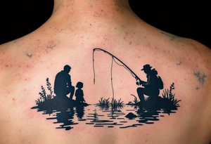 Silhouette of a father and daughter fishing by a lake, with only the rod and ripples drawn in dark navy blue ink. tattoo idea