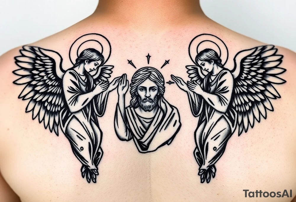 russian orthodox symmetrical guardian angel icon on left and right side of back with both angels holding up a jesus potrait tattoo idea