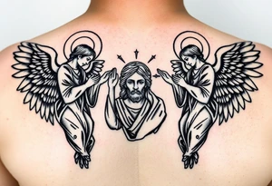 russian orthodox symmetrical guardian angel icon on left and right side of back with both angels holding up a jesus potrait tattoo idea