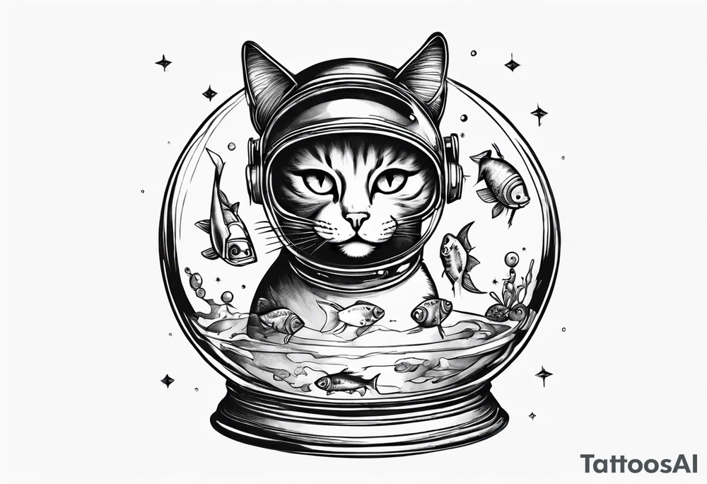 Space cat with a fish bowl on head tattoo idea