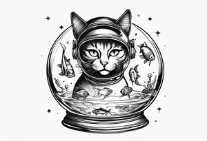 Space cat with a fish bowl on head tattoo idea