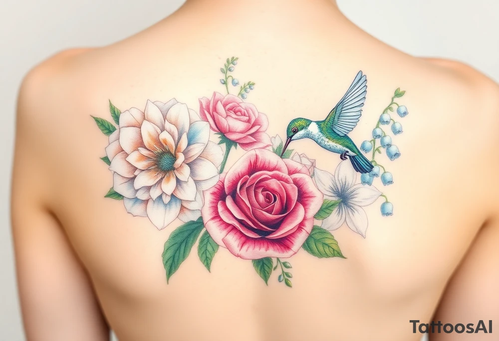 Bouquet of flowers with watercolors carnation, rose, Lily of the valley, delphinium with stems Starting upper middle back to right shoulder With  2 humming bird feeding on carnation and rose.  Soft tones tattoo idea