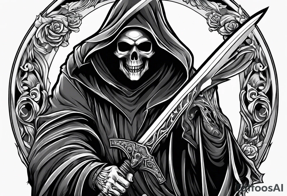 grim reaper with sword and pistol tattoo idea