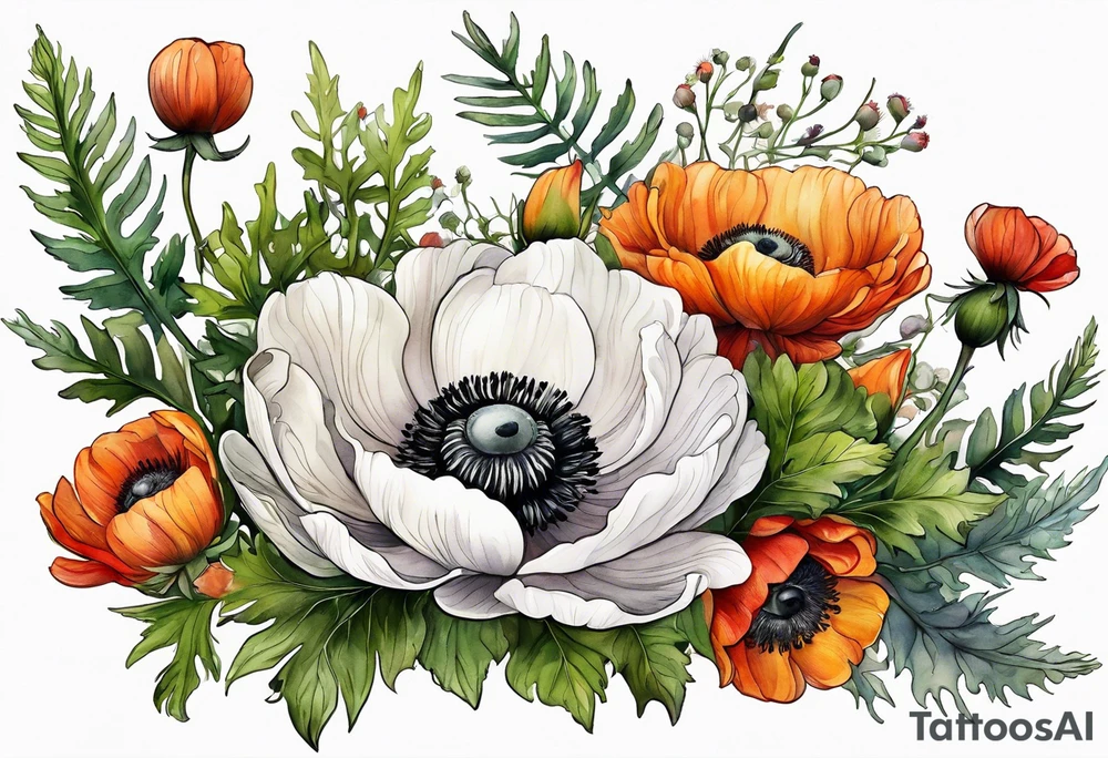 a white anemone with black center with thistles, green ferns, ranuculus, sun flowers, red flowers, ping flowers, orange flowers, yellow flowers all in watercolor tattoo idea