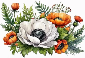 a white anemone with black center with thistles, green ferns, ranuculus, sun flowers, red flowers, ping flowers, orange flowers, yellow flowers all in watercolor tattoo idea
