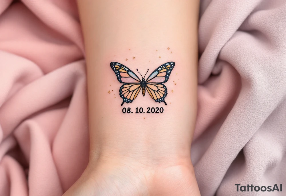 Sophie 08. 10. 2020 – Soft peach and coral tones around Sophia's birthdate, adorned with butterfly wings and small gold sparkles. tattoo idea