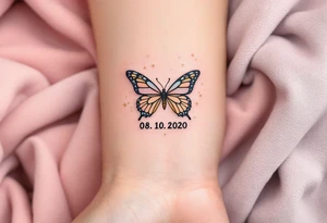 Sophie 08. 10. 2020 – Soft peach and coral tones around Sophia's birthdate, adorned with butterfly wings and small gold sparkles. tattoo idea
