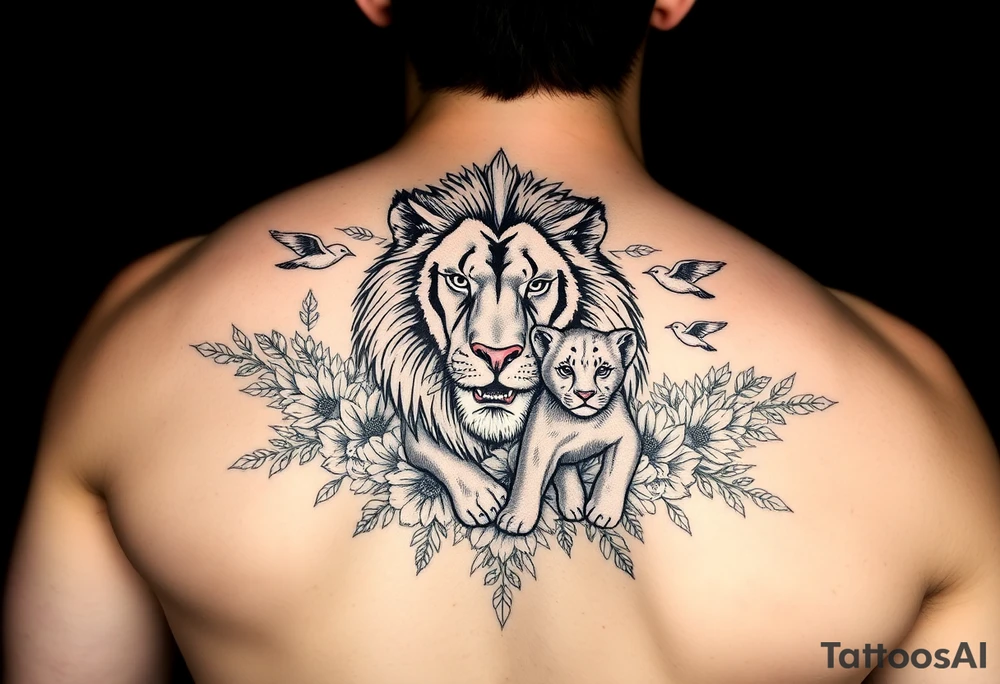 powerful majestic lion and cub, surrounded by floral ornaments and birds tattoo idea