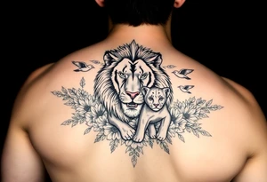 powerful majestic lion and cub, surrounded by floral ornaments and birds tattoo idea