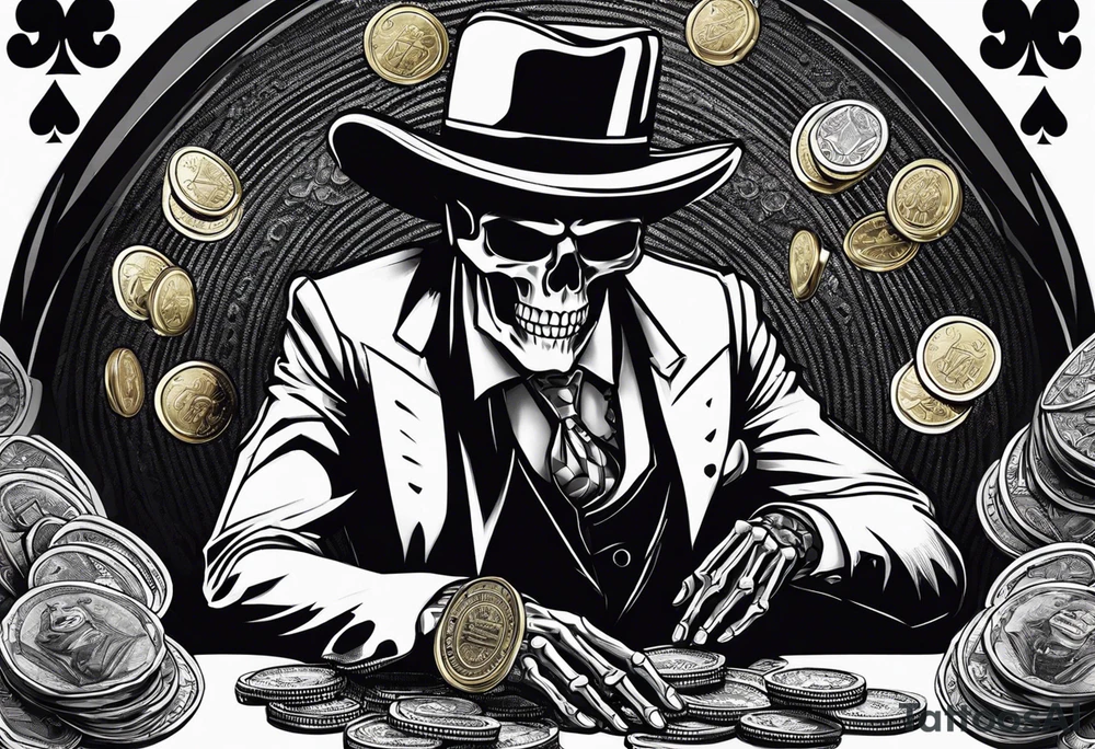 Skeleton in suit, with hat, sitting at the table, holding poker tokens, lots of cash tattoo idea tattoo idea