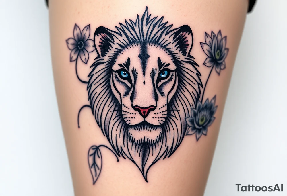 Lion with blue eyes surrounded by larkspur and water lily tattoo idea