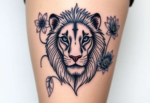 Lion with blue eyes surrounded by larkspur and water lily tattoo idea