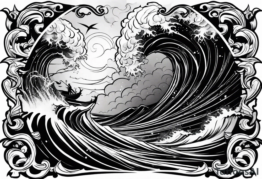 zeus lightning bolt crossed with poseidon trident with stormy waves in the background tattoo idea