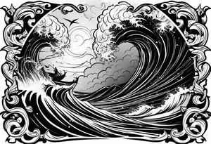 zeus lightning bolt crossed with poseidon trident with stormy waves in the background tattoo idea