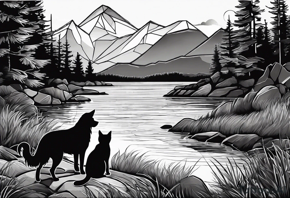 nature, sunset, mountains, a father and son hiking with their dog and cat by the water tattoo idea
